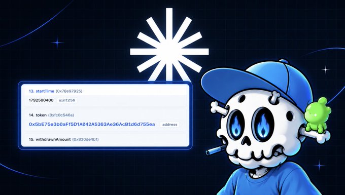 A skeleton mascot wearing a blue cap holds a small green creature next to a loading icon and a code snippet showing 'startTime', 'token' (0x5bE76e3b0aF5D1A042A5363Ae36AcB1d6d755ea), and 'withdrawnAmount' fields.
