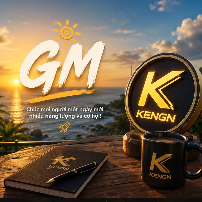 A motivational 'GM' graphic with Vietnamese text wishing a good day full of energy and opportunities, featuring KENGN branding on a coin, notebook, pen, and mug against a sunset ocean backdrop.