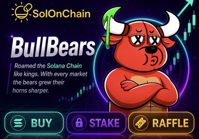 A crypto meme coin advertisement for 'BullBears' on the Solana chain, featuring a red bear character with 'X' eyes and horns, with buttons to Buy, Stake, and enter a Raffle.