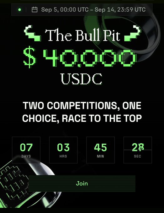 A promotional graphic for "The Bull Pit" featuring a $40,000 USDC prize pool, a countdown timer at 07 days, 03 hours, 45 minutes, 28 seconds, and an event window from Sep 5 to Sep 14.