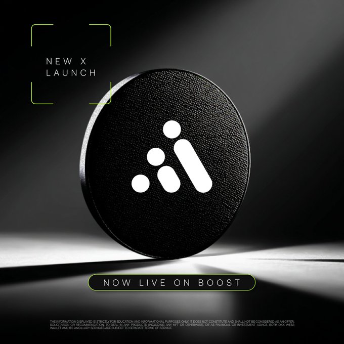 A dramatic product launch graphic featuring a black circular token with the AIW3 logo, displayed in a spotlight with a "NEW X LAUNCH" badge in the upper left and "NOW LIVE ON BOOST" banner at the bottom, promoting AIW3's listing on Boost with registration opening August 7 and claims going live August 8.