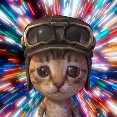 A digitally rendered cat wearing a leather aviator cap and goggles against a colorful, radiating speed-line background.