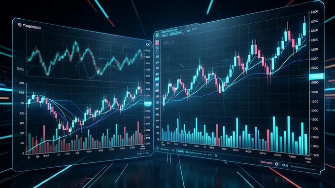 Two holographic trading screens display candlestick charts and volume bars with red and green indicators, showing market data and price movements.