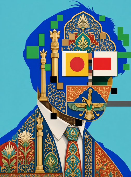 Colorful illustrated portrait of a figure wearing ornate Middle Eastern/Asian decorative robes and headdress, with face obscured by Japanese and Polish flags and digital pixel-like green squares, set against a turquoise background.
