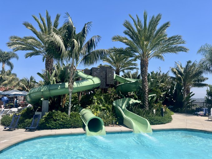 A tropical resort pool area featuring a large green water slide surrounded by palm trees and lush vegetation under a clear blue sky.