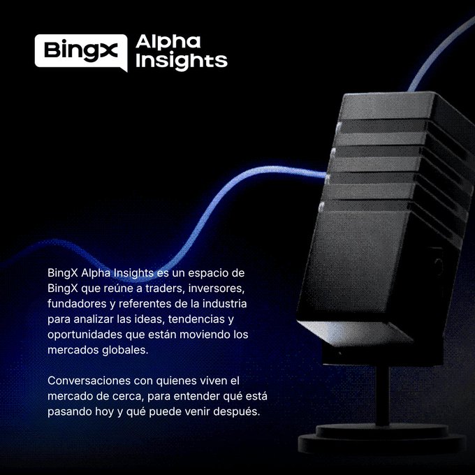 Promotional graphic for 'BingX Alpha Insights' in Spanish, featuring a microphone with a blue audio wave against a dark background.