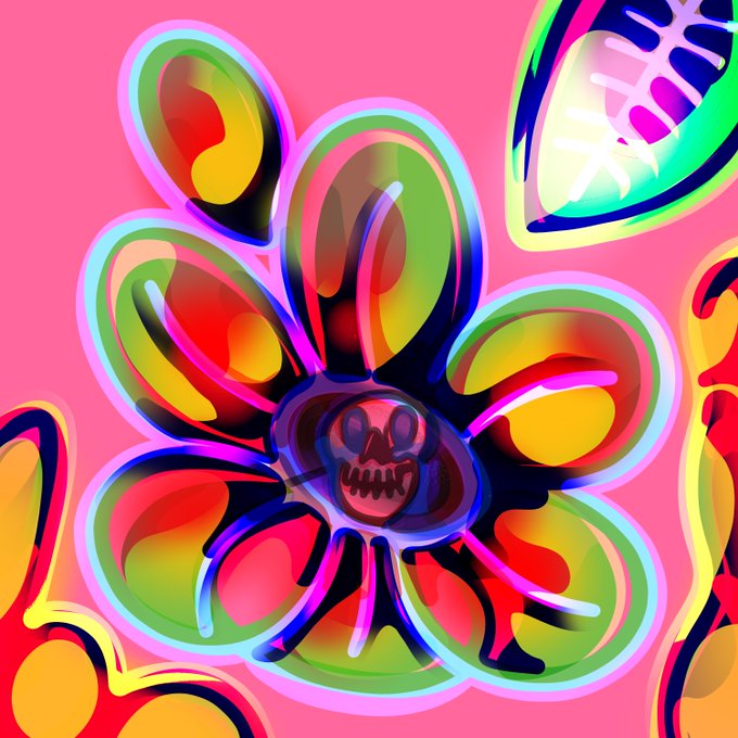 A vibrant psychedelic digital artwork of a flower with a skull face at its center, rendered in bright rainbow colors against a pink background.