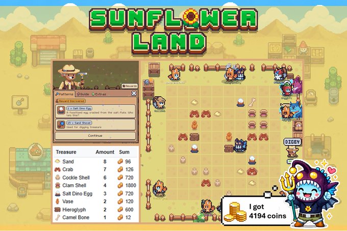 A pixel-art game screenshot titled 'SUNFLOWER LAND' showing a treasure-hunting interface with a character, collected items like sand, crab shells, and dinosaur eggs, and a coin counter displaying 4194 coins.