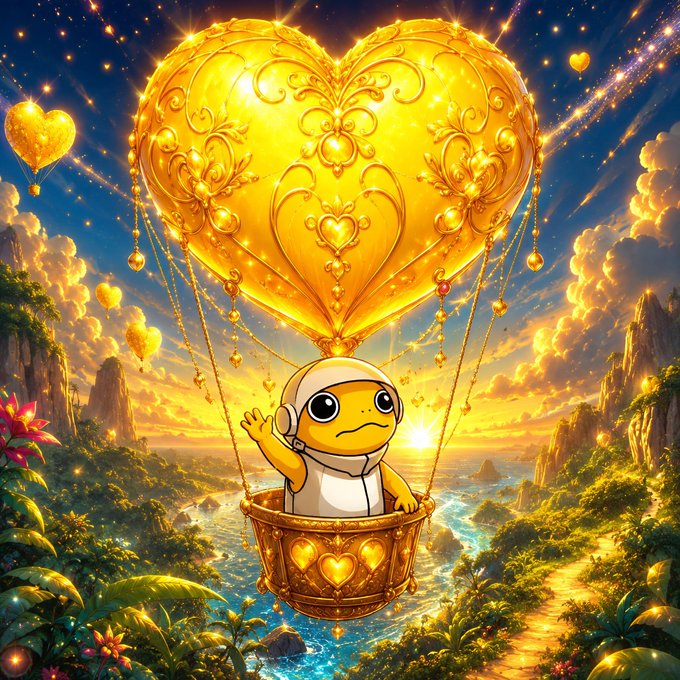 A whimsical yellow turtle-like character with headphones rides in an ornate golden hot air balloon shaped like a heart, floating above a magical landscape of islands, rivers, and a sunset sky scattered with glowing hearts—perfectly illustrating the post's message of following one's heart to elevate the mind, tied to the $TURBO token.