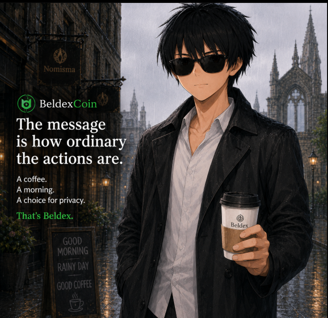 An anime-style promotional image for BeldexCoin featuring a dark-haired male character in sunglasses holding a branded coffee cup, with the tagline 'The message is how ordinary the actions are. A coffee. A morning. A choice for privacy. That's Beldex.'