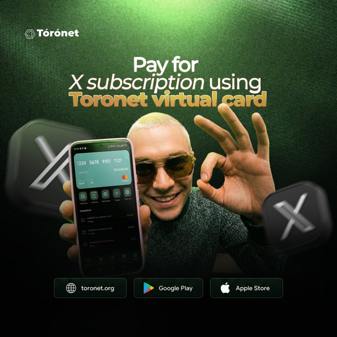 An advertisement for Toronet virtual card featuring a smiling man in sunglasses making an OK gesture while holding up a phone displaying a virtual card with the number '1234 5678 9101 1121' and the tagline 'Pay for X subscription using Toronet virtual card'.