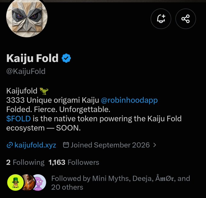 A Twitter profile for "Kaiju Fold @KaijuFold" with a verified checkmark, describing itself as "3333 Unique origami Kaiju" with a website link to "kaijufold.xyz".