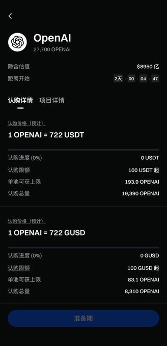 A mobile screen displays an OpenAI token subscription page on Gate.io, showing an estimated price of 722 USDT/GUSD per OPENAI, a $895 billion implied valuation, a 19,380 OPENAI subscription quota, and a countdown timer at 2 days, 00:04:47 during the "preparation period," directly illustrating the dual-currency pre-IPO offering referenced in the post.