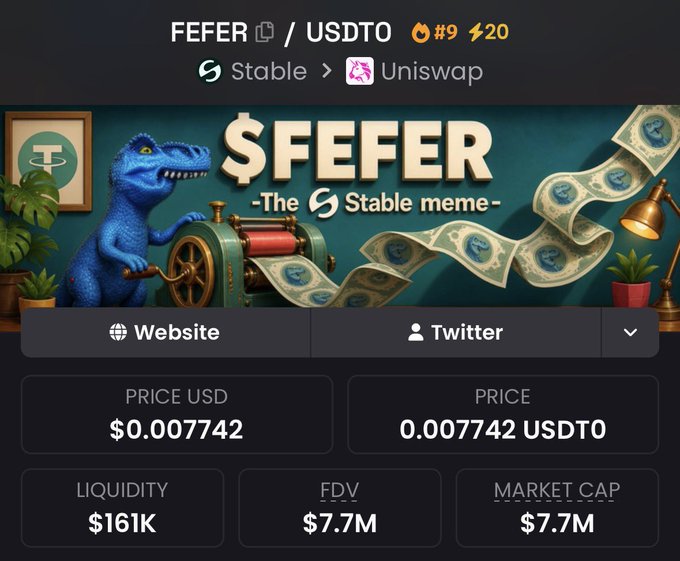 A cryptocurrency token listing page showing $FEFER/USDTO on Uniswap, described as 'The Stable meme,' priced at $0.007742 with $161K liquidity and a $7.7M market cap.