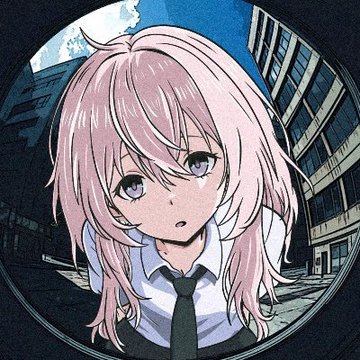 An anime-style illustration shows a pink-haired girl with purple eyes looking through a circular lens, set against an urban backdrop.