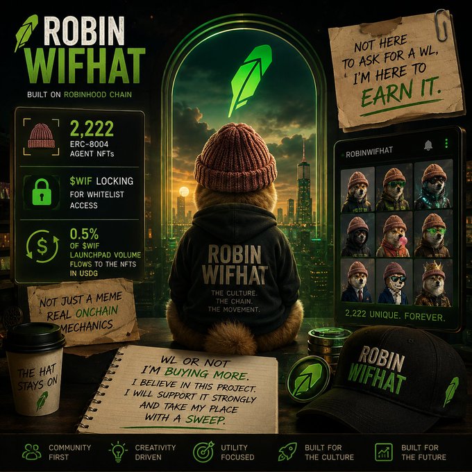 Promotional poster for the 'Robin Wifhat' cryptocurrency project built on Robinhood Chain, featuring a dog wearing a beanie and hoodie, alongside NFT details and community messaging.