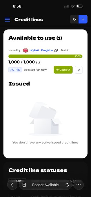 A mobile app screen titled 'Credit lines' showing an available line of 1,000 / 1,000 SLT issued by 'kKyH4t..DmgVrw' with a 100% progress bar, and a message indicating no active issued credit lines.