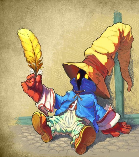 A Final Fantasy-style illustration of Black Mage, a small character in a large yellow wizard hat and blue robes, sitting on cobblestones while holding a yellow quill pen.