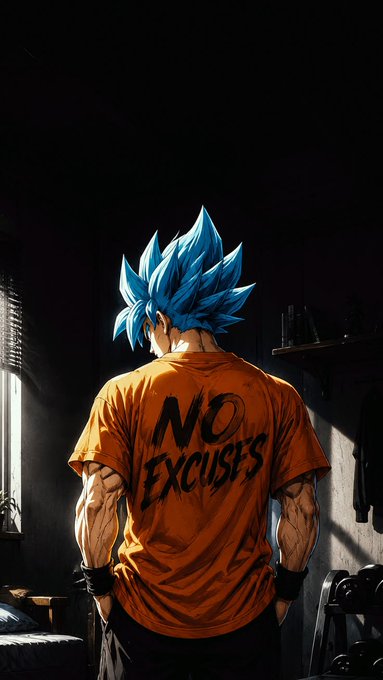 A muscular warrior with blue spiky hair, resembling Goku in Super Saiyan Blue form, stands facing away wearing an orange shirt that reads "NO EXCUSES," embodying the motivational message about rejecting excuses that accompanies the crypto market update showing Bitcoin's price and fear & greed index.
