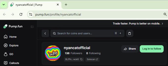 A screenshot of a browser displaying the Pump.fun profile page for 'nyancatofficial', a memecoin project featuring a colorful Nyan Cat-style logo, showing 136 followers and tags for 'BLIPs...wJe5' and 'Solscan'.