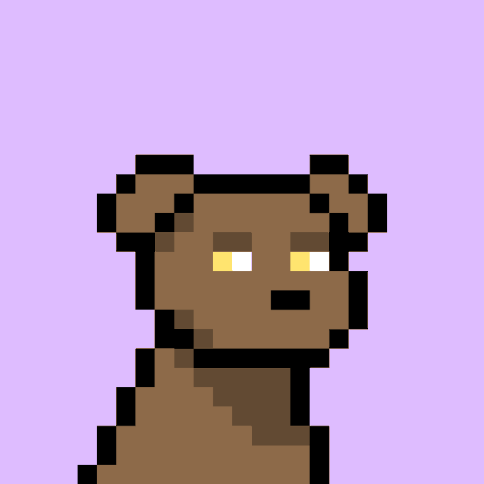 Pixel art of a brown dog with yellow eyes on a lavender background, representing Doginal Dog #7335 from the @doginaldogs collection.