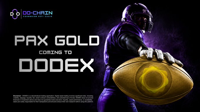 Promotional graphic featuring an American football player holding a gold football, advertising that **"PAX GOLD COMING TO DODEX"** with the DO-CHAIN logo displayed in the upper left corner, aligning with the announcement that PAX Gold ($PAXG) will be available on DODEX for traders on DO Chain.