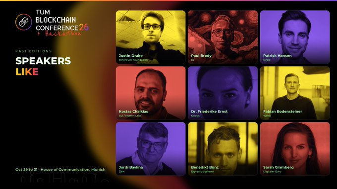 A 'TUM BLOCKCHAIN CONFERENCE 26' graphic showing 'PAST EDITIONS SPEAKERS LIKE', featuring headshots of Justin Drake, Paul Brody, Patrick Hansen, Kostas Chalkias, Dr. Friederike Ernst, Fabian Bodensteiner, Jordi Baylina, Benedikt Bünz, and Sarah Gramberg.