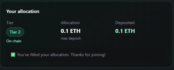 A digital interface displays 'Your allocation' showing Tier 2 status, with an allocation of 0.1 ETH, max deposit of 0.1 ETH, and a confirmation message: 'You've filled your allocation. Thanks for joining!'