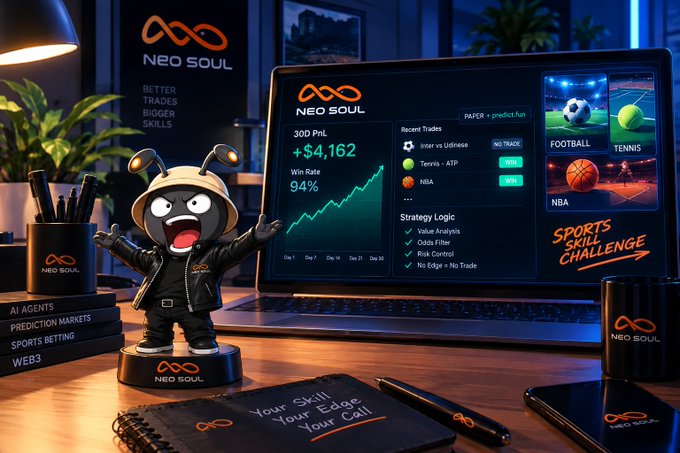 Promotional image for 'Neo Soul' featuring a cartoon mascot in a leather jacket next to a laptop displaying a trading dashboard showing '+$$4,162' profit, with sections for 'Sports Skill Challenge' and various strategy logic options.