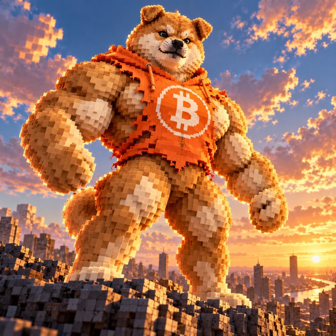 A giant voxel-style Shiba Inu dog mascot wearing an orange hoodie with the Bitcoin logo, towering over a pixelated cityscape at sunset.