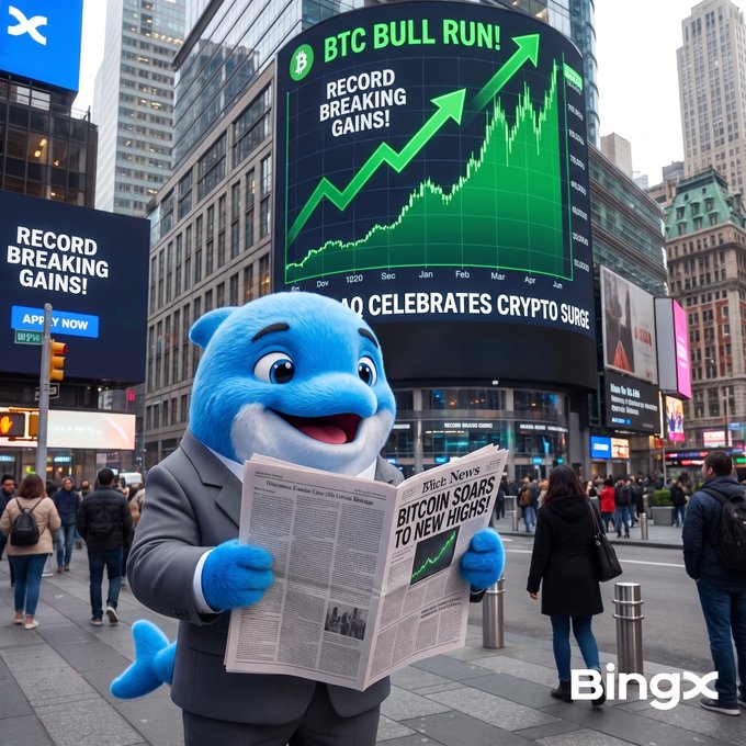 A blue shark mascot in a suit reads a newspaper with the headline 'BITCOIN SOARS TO NEW HIGHS!' in Times Square, with a BingX billboard showing 'BTC BULL RUN! RECORD BREAKING GAINS' and a chart behind him.