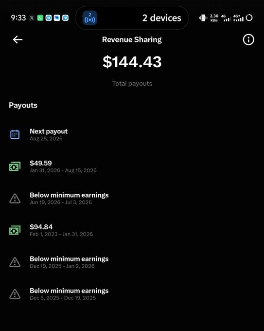 A mobile screenshot of a 'Revenue Sharing' dashboard showing '$144.43 Total payouts' across '2 devices', with a payout history including $49.59 (Jan 31, 2026 - Aug 15, 2026), $94.84 (Feb 1, 2023 - Jan 31, 2026), and several 'Below minimum earnings' entries.