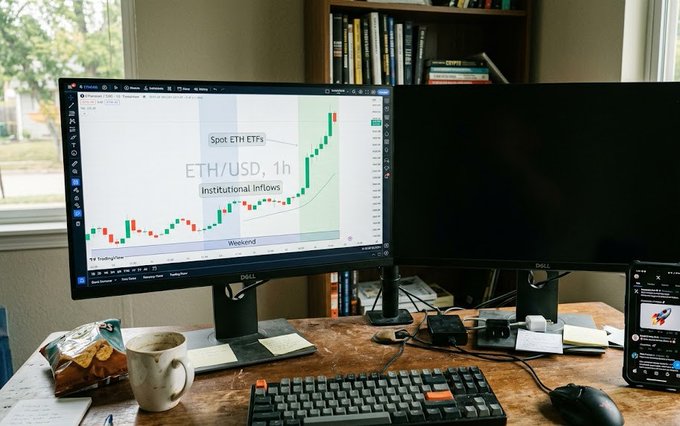A desktop workspace showing a Dell monitor displaying a TradingView ETH/USD 1-hour candlestick chart annotated with 'Spot ETH ETFs', 'Institutional Inflows', and 'Weekend', alongside a keyboard, coffee mug, and second monitor.
