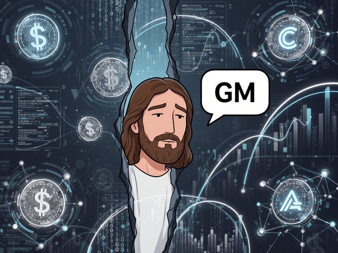 A cartoon Jesus figure peeks through a tear in a digital finance backdrop filled with dollar signs, cryptocurrency symbols, and trading charts, with a speech bubble saying "GM" — visually representing the post's message of pure, uncomplicated onchain finance on @arc, free from volatile gas and delays.