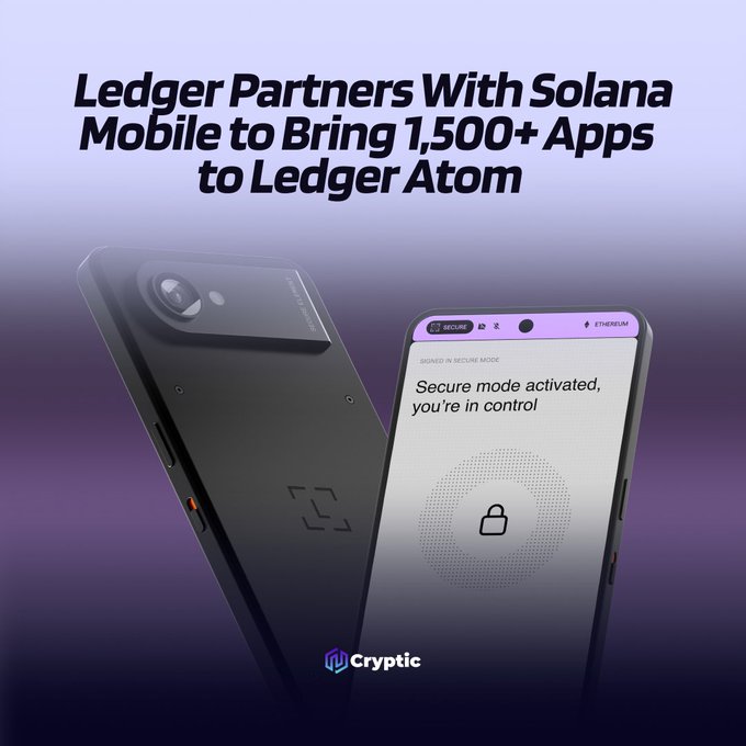 The promotional image features two Ledger Atom devices displayed against a purple gradient background, with the headline "Ledger Partners With Solana Mobile to Bring 1,500+ Apps to Ledger Atom." The phone screens showcase the device's "Secure mode activated, you're in control" interface, visually reinforcing the partnership's focus on bringing Solana's extensive dApp ecosystem and enhanced security features to Ledger users.