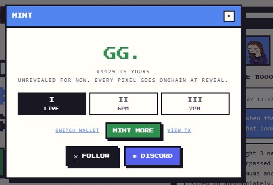 A pop-up window titled 'MINT' displaying 'GG.' and '#4429 IS YOURS' with options labeled I (LIVE), II (6PM), and III (7PM), along with buttons to switch wallet, mint more, follow, or Discord.