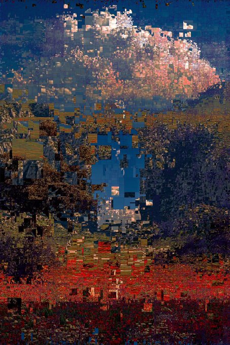 A digital art piece with a glitchy, pixelated aesthetic showing a landscape with a red flower field in the foreground, trees, and a fragmented sky with clouds.