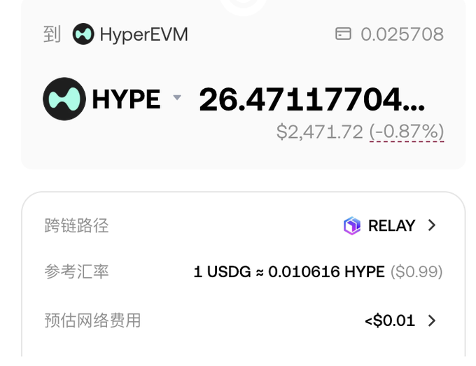 A cryptocurrency transaction interface shows a transfer to HyperEVM with the ticker HYPE showing a value of 26.47117704... and $2,471.72 (-0.87%).