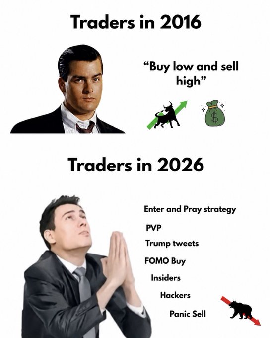 A meme comparing 'Traders in 2016' who 'Buy low and sell high' (shown with Wolf of Wall Street's Jordan Belfort) to 'Traders in 2026' who rely on an 'Enter and Pray strategy,' PVP, Trump tweets, FOMO Buy, Insiders, Hackers, and Panic Sell.