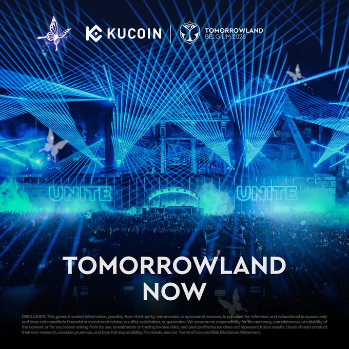 A KuCoin promotional image for Tomorrowland Belgium 2026 featuring the festival's elaborate stage with brilliant blue laser light displays, with text announcing "TOMORROWLAND NOW" and the word "UNITE" illuminated on stage, capturing the immersive atmosphere referenced in the post's emotional tribute to the festival experience.