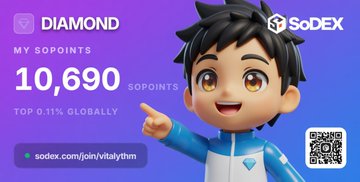 A promotional graphic for SoDEX displays a "DIAMOND" tier status with 10,690 SoPoints (Top 0.11% globally) alongside a 3D animated character pointing toward the text, and includes a referral link "sodex.com/join/vitalyffm" with a QR code. The image supports the post by visually showcasing the user's diamond-level achievement and referral link, reinforcing the theme of growing engagement and activity ahead of the airdrop mentioned in the message.