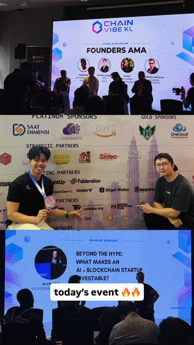 A three-panel collage showing a "CHAIN VIBE KL" cryptocurrency conference, featuring a "FOUNDERS AMA" panel, attendees posing by sponsor logos, and a sharing session titled "BEYOND THE HYPE: WHAT MAKES AN AI + BLOCKCHAIN STARTUP INVESTABLE?".