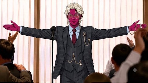 An anime-style illustration depicts a red-skinned character with blonde hair wearing a pinstripe suit, standing at a microphone with arms outstretched while a crowd applauds.