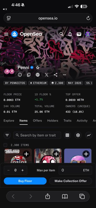 The screenshot displays the OpenSea collection page for "Penni" by pennicitos on Ethereum, showing a floor price of 0.0063 ETH, 2,300 items, and 433 unique owners, correlating with @penni_crypto's announcement of becoming verified on OpenSea and celebrating their growing community.