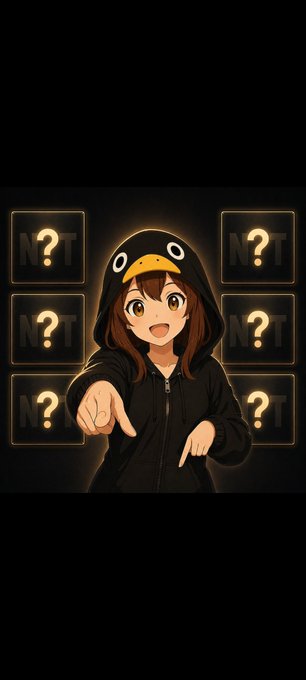 An anime-style character wearing a black hoodie with a yellow duck bill hood points forward, surrounded by question mark icons labeled 'N?T'.