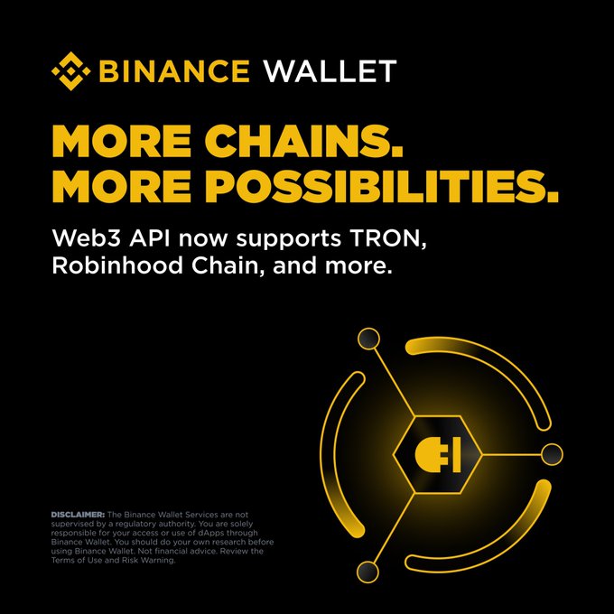 A Binance Wallet promotional graphic with a black background and yellow text reading "MORE CHAINS. MORE POSSIBILITIES. Web3 API now supports TRON, Robinhood Chain, and more." alongside a hexagonal network icon, aligning with the announcement that the Binance Web3 API has expanded to 18 supported chains including TRON and Robinhood Chain.
