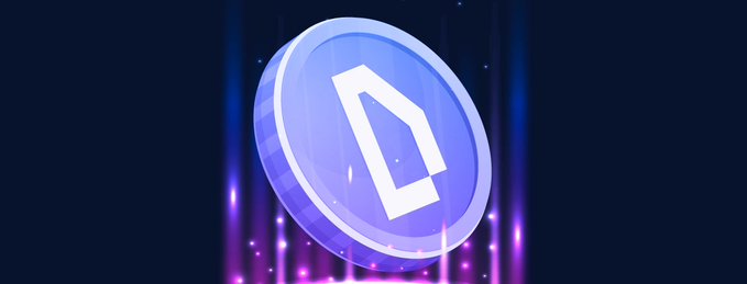 A blue 3D digital coin or token featuring a stylized 'D' logo against a dark purple background with light effects.
