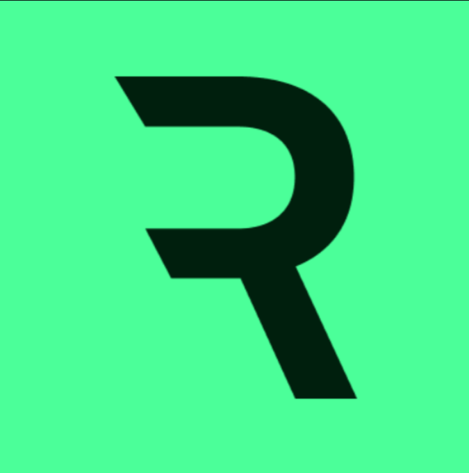 A stylized dark green letter 'R' logo on a bright green square background.