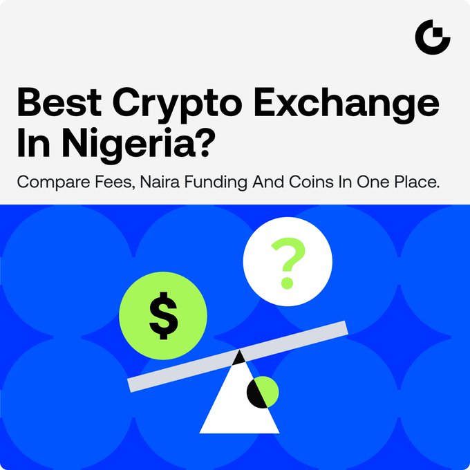 The image is a graphic with the headline "Best Crypto Exchange In Nigeria?" and the subtext "Compare Fees, Naira Funding And Coins In One Place," featuring an illustration of a balanced scale tipping between a dollar sign and a question mark. It visually represents the accompanying post's theme of weighing different factors—fees, naira funding, P2P access, and available coins—to help Nigerian users determine the top crypto exchange.