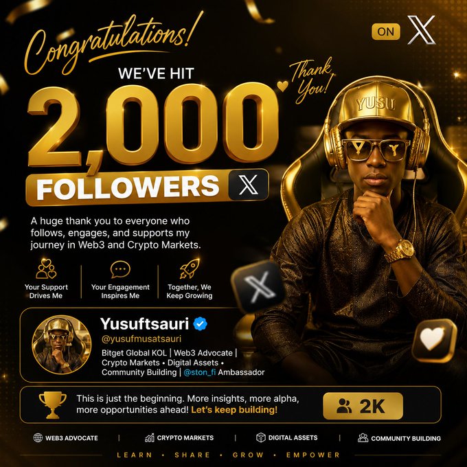 A congratulatory graphic celebrating '2,000 FOLLOWERS' on X for user 'Yusufftsauri' (@yusuffmusatsauri), described as a 'Bitget Global KOL | Web3 Advocate | Crypto Markets • Digital Assets • Community Building | @ston.fi Ambassador'.